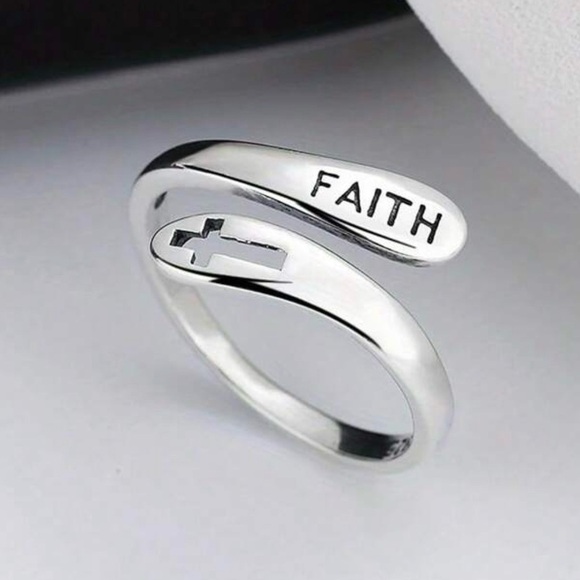 ✨ FAITH and Cross Sterling Silver Adjustable Ring ✨ - Picture 1 of 4
